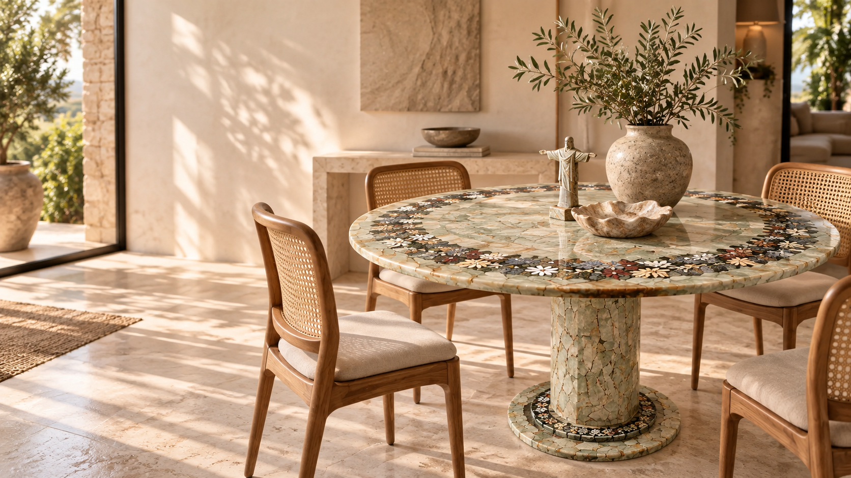 Mesa redonda de mosaico em pedra natural com pequenas esculturas artesanais