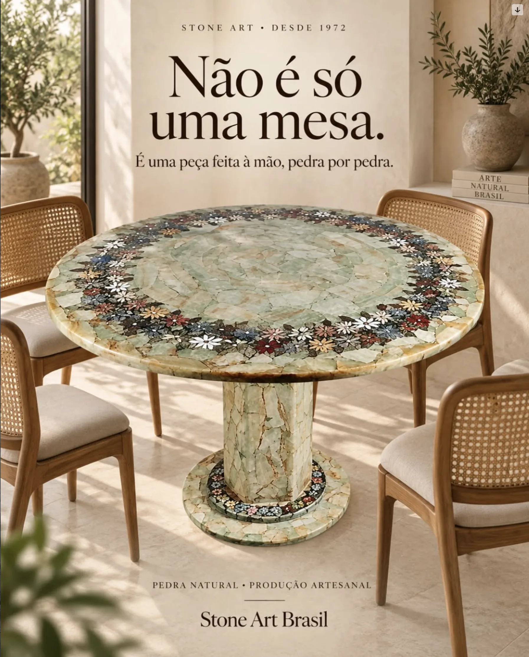 Mesa redonda revestida com pedras naturais e flores artesanais