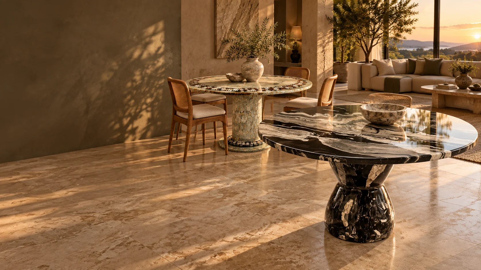 Mesa preta com veios claros e base escultural ao lado da mesa de mosaico floral em um ambiente acolhedor